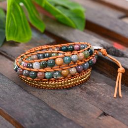 Bracelets Drop Shipping Triple Leather Wrap Bracelet for Women Fancy Stone Handmade Multilayer Mala Beads Leather Jewellery Woman's Fashion