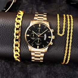 Wristwatches 3PCS Set Fashion Mens Business Watches Men Casual Gold Bracelet Necklace Stainless Steel Quartz Wrist Watch Relogio Masculino