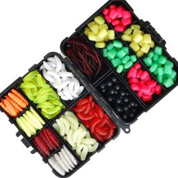 Boxes 220pcs Soft Artificial Worm Fishing Lures Set Silkworm Maggot Earthworm Corn Carp Fishing Bait Beads With Fishing Tackle Box