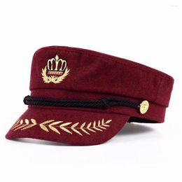 Berets Military Hats Crown Wheat Ear Embroidery Flat Top Baseball Caps For Women Sports Cadet Sailor Hat Captain 2024