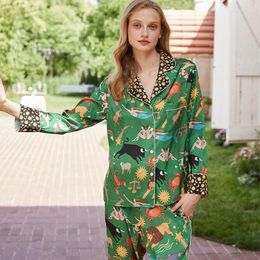 Women's Sleepwear 2024 Constellation Print Pajamas Set Silk Like Two Pieces Long Sleeve Full Length Pants Trousers 41918