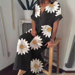 Casual Dresses Floral Print V-neck Dress Women Bohemian Style Maxi For Short Sleeve V Neck Button A-line