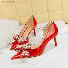 Dress Shoes BIGTREE Women Pumps Fashion Wedding Casual Rhinestone Pointed Toe Patent Leather 7.5CM Thin Heels sexy Party red H240403PXI6