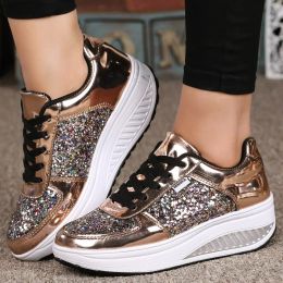 Shoes Women Casual Glitter Shoes Mesh Flat Shoes Ladies Sequin Vulcanized Shoes Lace Up Sneakers Outdoor Sport Running Shoes 2022
