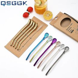 Drinking Straws 4PCS Stainless Steel Straw Spoon 3 In 1 Function Reusable With Cleaning Brush Portable Beverage Stir Filterate