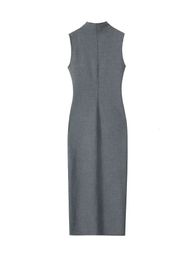 Willshela Women Fashion Grey Back Zipper Slit Midi Dress Vintage ONeck Sleeveless Female Chic Lady Dresses 240403