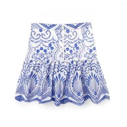 Skirts UNIZERA 2024 Summer Women's Wide Pleated Hollow Out Embroidery Mini Skirt High Waist Breasted A-line