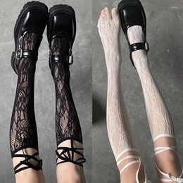Women Socks Lace Hollow Fishnet Girls Y2K Lolita Mesh Stockings Knee High Hosiery Separate Split Toe Strappy Long Sox