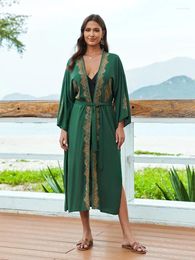 Snazzy Dark Green Embroidered Women's Kimono Chic Relaxed Tunic Wrap Cardigan House Robe Bathrobe Outfit Q1612