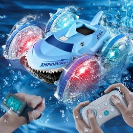 Amphibious RC Car Shark Remote Control Stunt Vehicle Waterproof Doublesided Flip Driving Drift Outdoor Toys Childrens Gift 240327