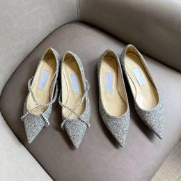 Women's Shiny Shoes Silver Pointed Toes Brand Flat Shoes with Diamond Sequins Rhinestone Chains Shoes