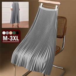 Vintage Pleated Skirt Women Solid High Waist ALine Summer Long Dress Elegant Korean Office Ladies Plus Size 240326