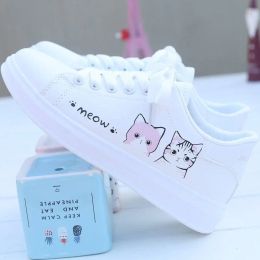 Shoes Women Sneakers Fashion Breathble Vulcanised Shoes Pu Cute Cat Cartoon Lace Up Casual White Women Shoes Zapatos De Mujer Female