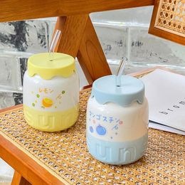 Mugs 1Pc Creative Japanese Style High Colour Ceramic Straw Cup With Cover Household Cute Cartoon Mug