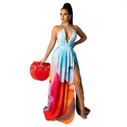 Casual Dresses Tie Dyeing Print Backless Summer Big Swing Dress Women Sleeveless Spaghetti Strap Long Maxi Bodycon Holiday Beach Sundress