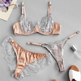 Women's Panties Womens eyelashes lace stitching sexy lingerie bra and underwear three piece thin mesh perspective lingerie setL2404