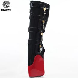 Boots jialuowei 2018 New 8 Keys Strange Wedge High Heel Heelless Training Padlocks YKK Zipper Lockable KneeHigh Ballet Boots Unisex