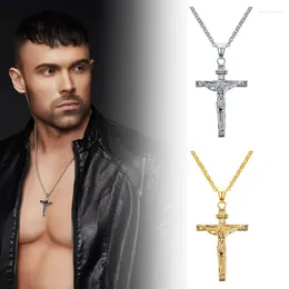 Pendant Necklaces Fashion Crucifix Jesus Christ Men Jewellery Gold Brown Silver Colour Metal Cross With Neck Chain For Women