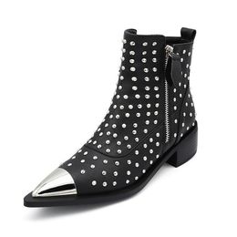 European and American women's sexy rivet decoration thick heels, two-layer pigskin low cut pointed side zippered women's boots