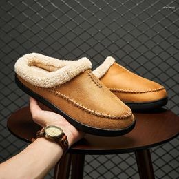 Slippers 2024Men's Home Winter Indoor Plush Warm Shoes Thick Bottom Waterproof Leather HouseSlippers Man Suede CottonShoes