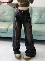 Women's Jeans KUCLUT Cargo Women Denim Pants Chic Pocket Washed High Street Vintage Wide Leg Korean Fashion Waisted