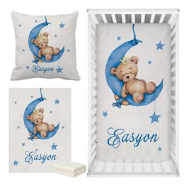 LVYZIHO Custom Name Sleeping Bear Blue Crib Bedding Set Sleep on Moon Baby Shower Gift 240322