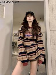 Women's Hoodies Contrast Colour Stripes Loose O-neck American Retro Letter Print T Shirt Women Spring Fall Long Sleeve Patchwork Kpop Clothes