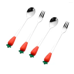 Dinnerware Sets 2 Pcs Fruit Fork Spoon Coffee Spoons Kids Suits Silicone Stainless Steel Forks And