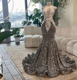 Fashion Gray Sequins Prom Dress For Black Girls 2024 Sheer Beaded Lace Appliques Mermaid Birthday Evening Formal Gowns Robe De Soiree