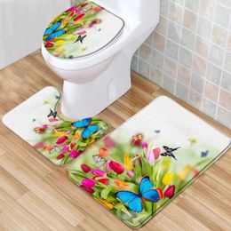 Bath Mats Flowers Mat Set Spring Art Pink Rose Floral Blue Butterfly Low Pile Memory Foam Toilet Cover U-Shaped Carpet