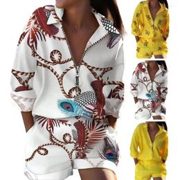 Women's Tracksuits 2 Pcs/Set Shirt Shorts Suit Zipper Lapel Loose Printed Long Sleeve Casual Soft Pockets High Waist Lady Top Set