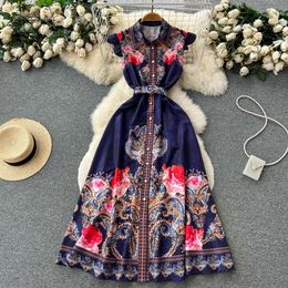 Casual Dresses 2024 Summer Fashion Vintage Pleated Dress Women Runway V-Neck Fly Sleeve Floral Print High Waist Long Vacation