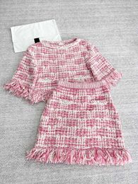 Work Dresses 2024 Spring/Summer Pink Tassel Jacquard Round Neck Knitted Short Sleeved Top H-shaped High Waist Mini Skirt Two Piece Set