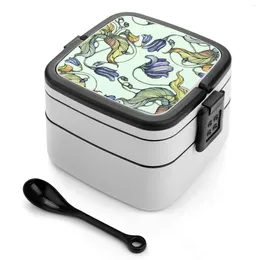 Dinnerware Vintage Floral Pattern Watercolor Drawing Double Layer Bento Box Salad Portable Picnic Ink Pen Abstraction