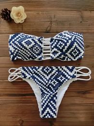 Women Bandeau Bikini Reversible Print Swimsuit Strappy Swimwear Biquini Trikini 1112 240322