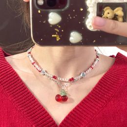 Y2K Red Cherry Heart Beads Necklace Women Boho Layered Seed Pearl Chain Cherry Pendant Necklaces Vintage Egirl Necklace Jewelry