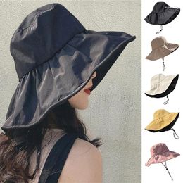Wide Brim Hats Women's Bucket Hat Summer Solid Color Cap Japanese Simple Foldable Casual Vinyl Sunscreen And