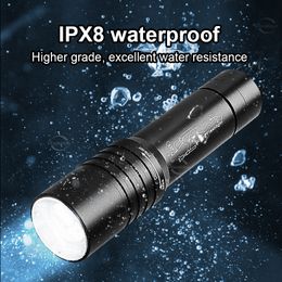 Diving Flashlight IP8 Highest Waterproof Telescopic Zoom Rating Professional Diving Light Powered 18650 Battery With Hand Rope