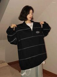 Women's Hoodies QWEEK Y2K Vintage Black Long Sleeve T-Shirt Women Harajuku Retro Striped Pullover Tees Oversized V-Neck Streetwear