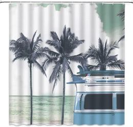 Shower Curtains Camping Bus Curtain Retro Palm Tree Surfboard Summer Hawaii Seaside Vacation Bathroom Decor Bath Polyester Hooks