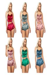 8 colors Women Sexy Velvet Pajama Sets Ladies Lace VNeck Crop Tops Shorts 2Pcs Sleepwear Lingerie Pajamas Sets8223255