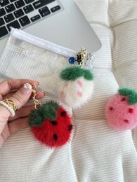 Real Mink Fur Strawberry Keychain Pompom Ball Bag Car Phone Pendant Kids Doll Toys Gift
