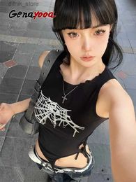 Women's Tanks Camis Genayooa Retro Punk Tank Tops Women Sleeveless Lace Up Crop Tops Y2k Print Bandage Tank Tops Summer E Girls Black Camis Tee Y240403