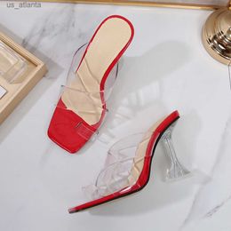 Dress Shoes 2021 New Summer Transparent PVC Women Slippers Fashion Square toe Clear Heeled Mules Slides High heels Sandals H240403ZHTH