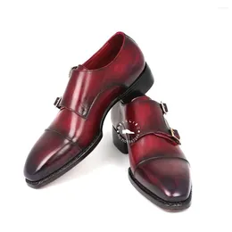 Dress Shoes Double Monk Strap Handmade Cap Toe Hand Painted Oxford Designer Style Luxury Leather Buckle Almond Derby