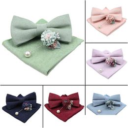 Neck Ties Solid Colour Super Soft Suede Men Cotton Butterfly Tie Handkerchief Brooch Set Bowtie Bow Pink Blue Wedding Novelty Gift Dro Dhud8