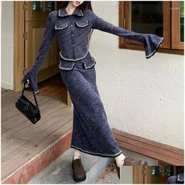 Work Dresses Vintage Korean Retro High Street Patchwork Knit Sweater Cardigan Long Skirt Suit 2 Pieces Sets Y2K Drop Delivery Apparel Dh9Yy