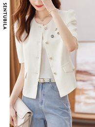 Women's Jackets Sentubila Short Sleeve Cropped Jacket For Women 2024 Summer Female Round Neck Cardigan Office Ladies 132W49667