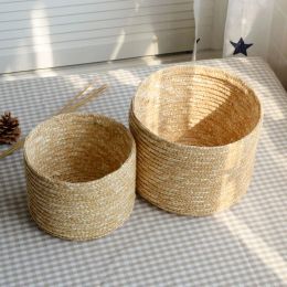 14/16/18/22cm Grass Hand-woven Storage Basket With Lid Weaving Snack Sundries Cosmetics Storage Box Household Storage Flower Pot