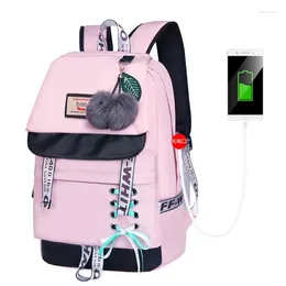 School Bags Children For Girls Cute Pink Bag Korean Style Bowknot Fur Ball Girl Backpack Bookbag